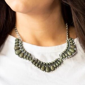 Olive green stone and silver collar necklace
